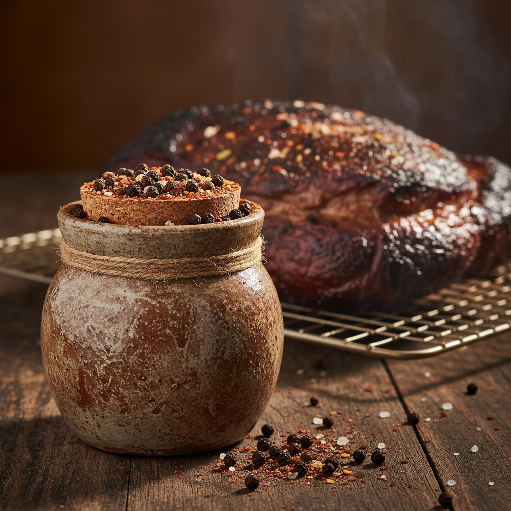 Texas Brisket Rub spice blend in a rustic jar